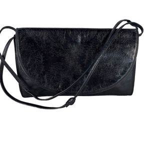 Vintage Susan Gail Italy Black Leather Shoulder Bag Clutch Tooled Paisley Print